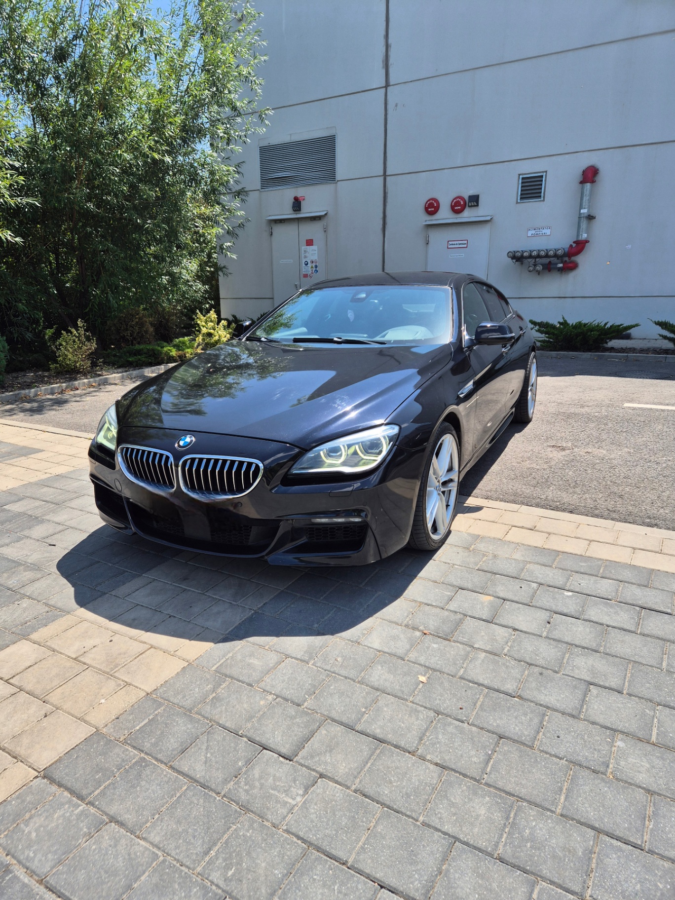 Before AI enhancement - BMW photographed in driveway with utility building background